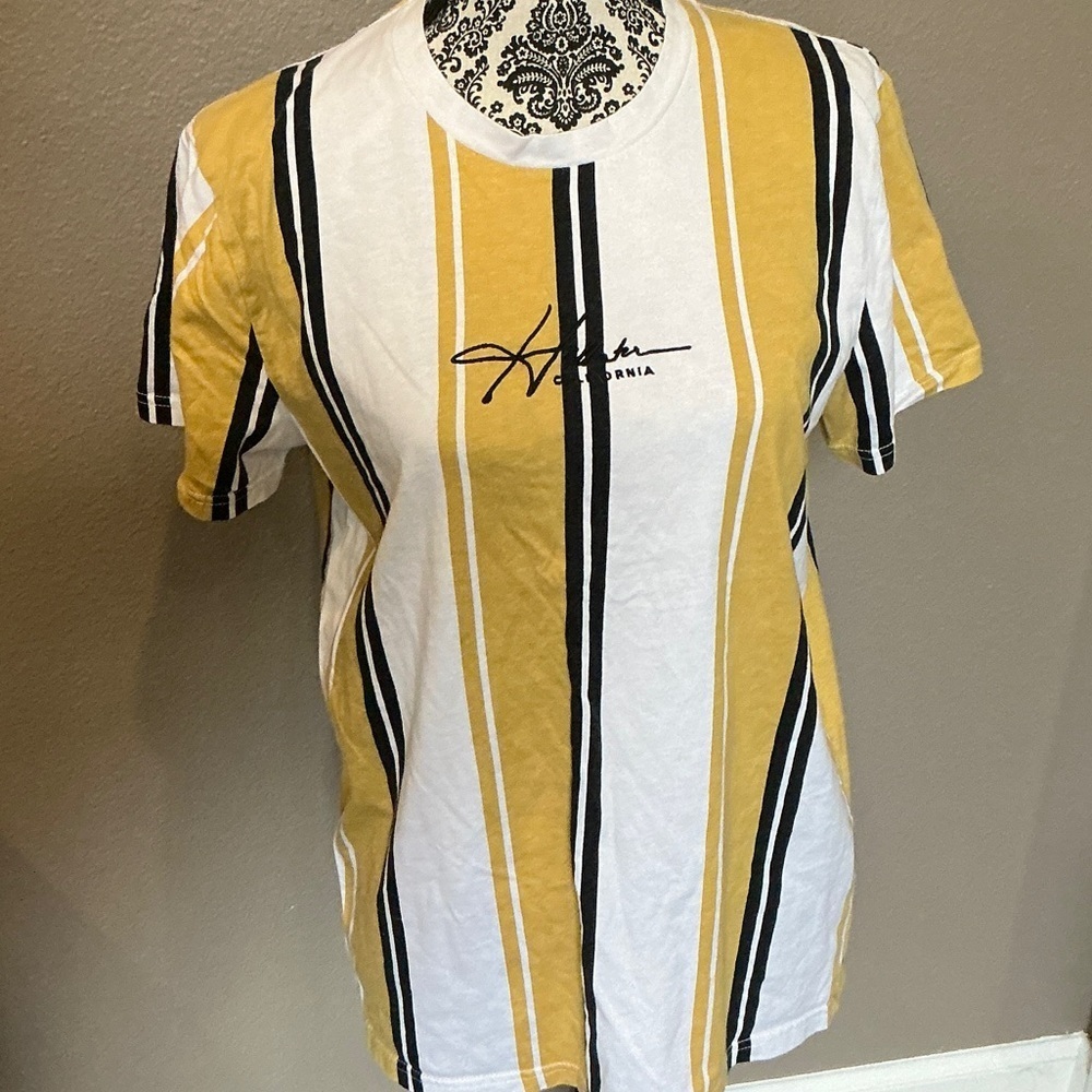 Hollister Yellow and White Striped Tee Size Medium